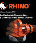 Rhino RV Sewer Adapter PRO Clear Sewer Hose Elbow With Drain Lock Ergonomic Handle shown with flexible adapter attached