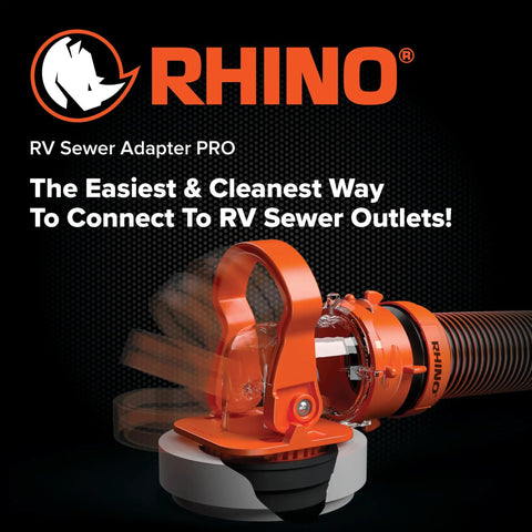 Rhino RV Sewer Adapter PRO Clear Sewer Hose Elbow With Drain Lock Ergonomic Handle shown with flexible adapter attached