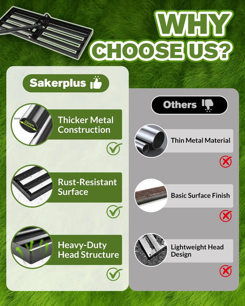 Comparison chart showing features of Lawn Leveling Rake 30 Inch Wide Plate for quick yard smoothing, highlighting metal construction and rust resistance