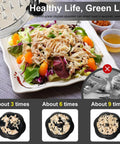 Large Chicken Shredder Tool With Twist, Brush And Fork, Visible Meat Shredder Machine, Anti Slip Strip, Ergonomic Handle, BPA Free, Shreds Chicken Fast And Easy, Great For Pork Beef Chicken, Transparent Lid in use over salad.