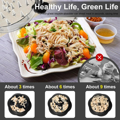 Large Chicken Shredder Tool With Twist, Brush And Fork, Visible Meat Shredder Machine, Anti Slip Strip, Ergonomic Handle, BPA Free, Shreds Chicken Fast And Easy, Great For Pork Beef Chicken, Transparent Lid in use over salad.