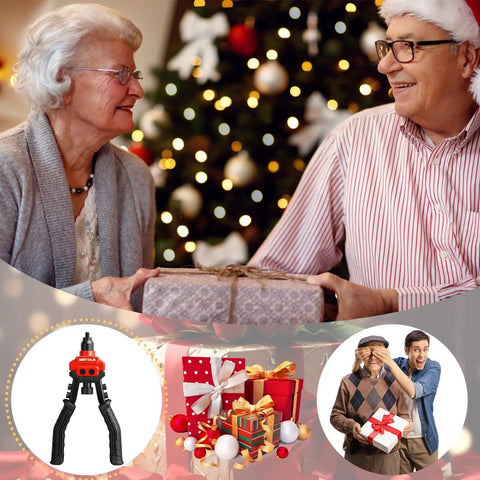 Wetols 3 In 1 Rivet Nut Gun Tool Kit With Reamer And Mandrels on display among holiday decorations and gift boxes.