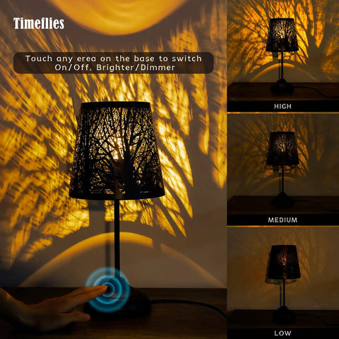 3 Level Dimmable Touch Table Lamp Black Metal Tree Pattern Shadow Bedside Cozy Night Light For Kids Vintage Accent Decor