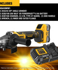 Heavy Duty 20V Brushless Cordless Angle Grinder Kit Featuring Smart Anti Rotation Safety And Portable Powerpack For Badass Metal Cutting And Grinding Tasks No Sweat in detailed view with battery and charger.