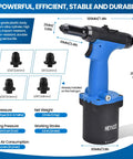 Professional Pneumatic Rivet Gun Equipped With Multi Size Nozzle Set Designed For Aluminum Steel And Stainless Steel Fabrication Tasks, showcasing nozzles and dimensions.