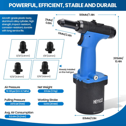 Professional Pneumatic Rivet Gun Equipped With Multi Size Nozzle Set Designed For Aluminum Steel And Stainless Steel Fabrication Tasks, showcasing nozzles and dimensions.