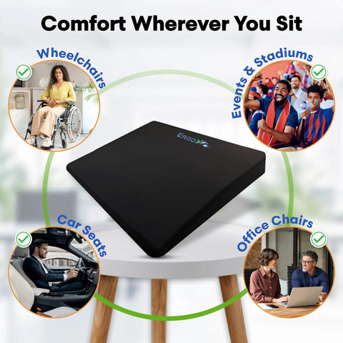 Get Rid Of Tailbone And Hip Pain With This 3.5 Inch Thick Ergonomic LiquiCell Seat Cushion on a table, for use in wheelchairs, cars, and offices.