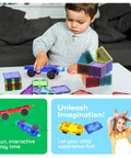 Child playing with Four Piece Magnetic Car and Truck Base Tiles Set for Creative Building and Movable Vehicles, colorful design