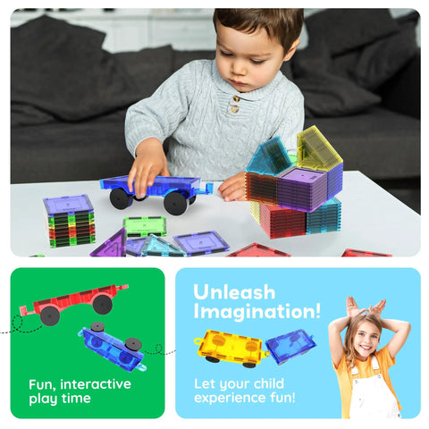 Child playing with Four Piece Magnetic Car and Truck Base Tiles Set for Creative Building and Movable Vehicles, colorful design