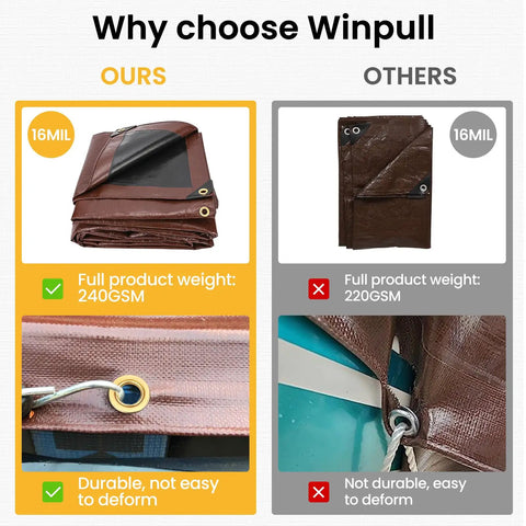 Comparison of heavy duty 16 mil 10x20 foot waterproof poly tarp with brass grommets and others highlighting durability and weight.