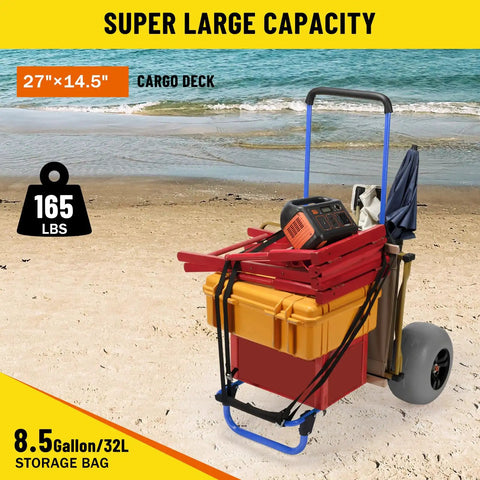 Beach Wagon Cart With 13 Inch Balloon Wheels, 165 Pound Load, Folding Sand Cart with storage bag on the beach