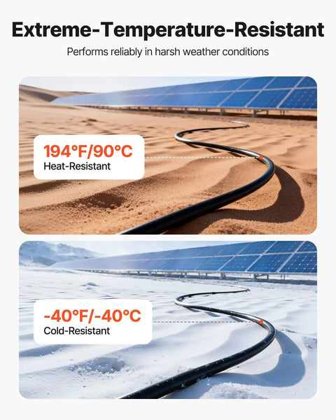 Solar Panel Wire Kit 50 Ft Black And 50 Ft Red, 10 AWG PV Tinned Copper Extension Cable, showing heat and cold resistance outdoors.