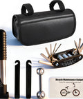 On The Go 33 Piece Bike Repair Kit With Mini Pump And 16 In 1 Multitool 2mm To 6mm Allen Wrenches Tire Patch Box Spoke Wrench Socket Tools And A Handy Repair Bag For Mountain And Road Bikes displayed on a white background.