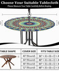 Outdoor Round Tablecloth With Umbrella Hole Waterproof Elastic Fitted Zippered No Fuss Cleanup Cover For 40 To 44 Inch Patio Tables Reusable Garden Picnic Protector shown on round patio table with mandala pattern, dimensions guide included.