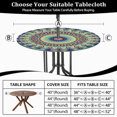 Outdoor Round Tablecloth With Umbrella Hole Waterproof Elastic Fitted Zippered No Fuss Cleanup Cover For 40 To 44 Inch Patio Tables Reusable Garden Picnic Protector shown on round patio table with mandala pattern, dimensions guide included.