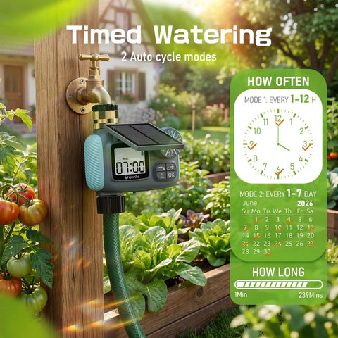 Solar Powered Hose Timer With Brass Swivel Programmable Sprinkler Timer Set It And Forget It For Garden And Lawn Rain Delay Manual And Auto Modes Drip Irrigation Ready Outdoor Yard Irrigation System displaying settings next to garden