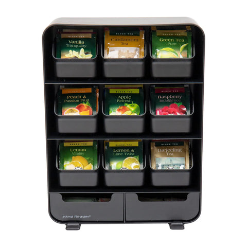 Tea Bag Organizer Station For Countertop And Kitchen Storage, Black Plastic, 10.25L X 3.25W X 13.75H Inches, Includes Removable Drawers