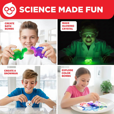 Hands On Science Kit For Kids Ages 8 To 12 With 100 Plus Chemistry And STEM Experiments Geyser Tube Ideas For Boys And Girls Educational Projects That Make Learning Fun. Children engaging in experiments like bath bombs, glowing crystals, and color explosions at a table.