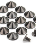 Dope Gun Metal Bullet Spike Studs And Rivets 100 Pack Screw Back Hardware For Streetwear Boots Leather Mods Jackets Bags With Tool Kits 3/16 Inch Height, close-up of conical gunmetal spikes and screws.