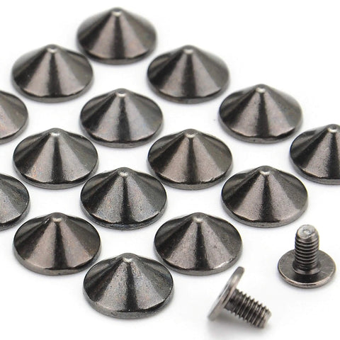 Dope Gun Metal Bullet Spike Studs And Rivets 100 Pack Screw Back Hardware For Streetwear Boots Leather Mods Jackets Bags With Tool Kits 3/16 Inch Height, close-up of conical gunmetal spikes and screws.