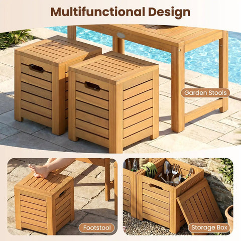 Acacia Wood Outdoor Coffee Table With Stools Three Piece Patio Set With Hidden Storage For Balcony And Garden