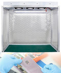 Top Shelf Heavy Duty Aluminum Laminar Flow Hood With HEPA Filter No Fuss Airflow Cleanroom Workbench For Electronics Assembly Phone Repair 26 Inches Desk Station interior view with mesh wall and green work surface.