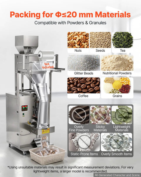 No Hassle Automatic Powder Filler And Bag Sealer, Precision Digital Scale Packing System For Coffee Beans, Spices, Grains And Seeds, Plug And Play Setup For Fast Daily Output in a stainless steel design.