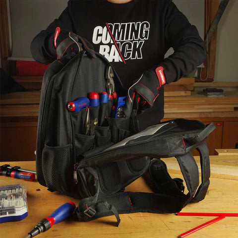 Heavy Duty Tool Backpack With 41 Pockets And Padded Laptop Sleeve For Contractors, standing open with tools inside