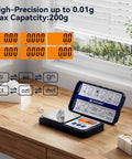 Pocket Gram Scale 200G 0.01G Precision With 6 Units G/Oz/Ozt/Dwt/Ct/Gn, Tare Function, LCD Display, shown on wooden table