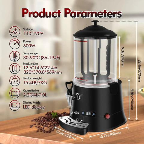 Pro Grade Commercial Hot Chocolate Machine And Beverage Warmer 10L Stainless Steel Dispenser displayed on wooden table