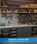 Garage workspace with tools, featuring 6 Pack Heavy Duty 12 Inch Black L Shelf Brackets For Floating Shelves 1/5 Inch Thick One Piece Stamped Construction.
