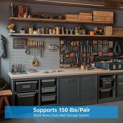 Garage workspace with tools, featuring 6 Pack Heavy Duty 12 Inch Black L Shelf Brackets For Floating Shelves 1/5 Inch Thick One Piece Stamped Construction.