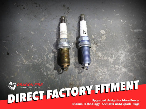 Side-by-side comparison of used and new iridium spark plugs from Ignition Coils And Iridium Spark Plugs Kit For 2008 To 2019 Dodge Jeep Chrysler Ram V8 5.7 5.9 6.1 6.4 Replaces 56029129AB UF504 LZFR5CI 11 92145 OEM Fit Kit Beefed Up Plug And Play Performance on concrete surface.