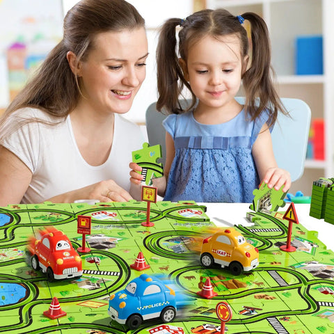 Mother and child playing with 64 Piece Puzzle Track Car Set For Kids Ages 3 4 5 6 With 3 Cars And 6 Road Signs City Themed