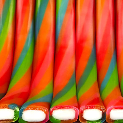 Ropes Candy Twisted Rainbow Punch Flavor Soft And Chewy 9 Oz Pack, colorful fruit ropes with tart filling, close-up view.