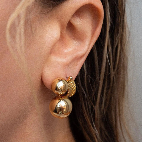 Gold Double Ball Drop Earrings For Women Round Ball Bead Dangle Studs Trendy Jewelry Must Have Hypoallergenic Lightweight Everyday Wear Gift Idea Classic Yet Modern Gold Tone Accessories on ear
