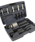 Open case showing Harmonic Balancer Installer Kit With Driving Screw, Thrust Bearing And 13 Threaded Adapters For Domestic And Some Import Vehicles