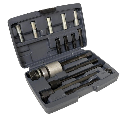 Open case showing Harmonic Balancer Installer Kit With Driving Screw, Thrust Bearing And 13 Threaded Adapters For Domestic And Some Import Vehicles