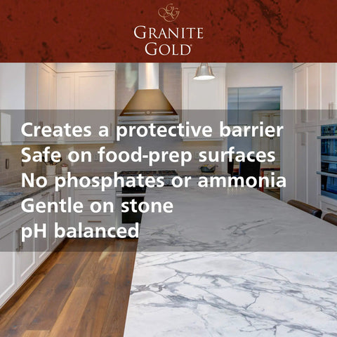 Water Based Sealer Spray For Granite Marble Travertine And Natural Stone Countertops That Keeps Your Stone Safe From Oil Water Coffee Wine Stains Etching And Soil Build Up 24 Fl Oz 1 Pack instruction text over kitchen countertop