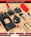 Concealed Hinge Jig For Cabinets And Doors, Metal Construction With Quick Clamp And Dust Vacuum Adapter, 35mm Concealed Door Hinge Jig For Woodworking Cabinet Hinges Mounting Tool components shown.