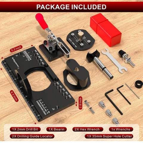Concealed Hinge Jig For Cabinets And Doors, Metal Construction With Quick Clamp And Dust Vacuum Adapter, 35mm Concealed Door Hinge Jig For Woodworking Cabinet Hinges Mounting Tool components shown.
