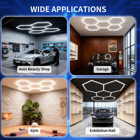 LED Garage Hexagon Lights 24 Pack With 168W 16800LM installed in garage, gym, and exhibition hall for daylight brightness