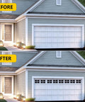 Comparison of garage before and after 32 Pack Two Car Garage Magnetic Panels Kit With Faux Window Sheets installation on metal door.