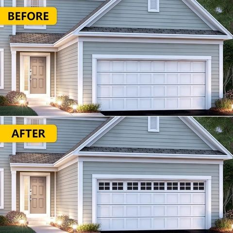Comparison of garage before and after 32 Pack Two Car Garage Magnetic Panels Kit With Faux Window Sheets installation on metal door.