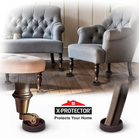 Non Slip Rubber Furniture Cups Set of 4 for 2 Inch Caster Feet under chairs on wooden floor, showing floor protection coasters.