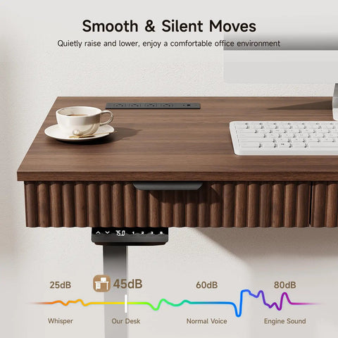 Killer 55 Inch Electric Standing Desk With Smooth Walnut Top And Ultra Silent Motor showing smooth surface with coffee cup.