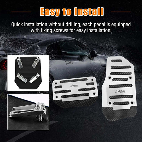 Two Pack Non Slip Car Pedal Pads For Automatic Transmission, Gas And Brake Pedal Covers With Aluminum Alloy Clutch Pedal Kit, Universal Replacement For Cars, SUVs, And ATVs, Silver Finish shown with installation parts