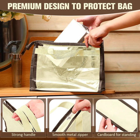 Hand using Purse Dust Bags Set With 24 Storage Covers and 25 Stainless Steel S Hooks, strong handle, and smooth zipper design.