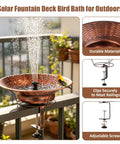 Deck Mount Bird Bath With Railing Clamp Solar Fountain 2 In 1 Feeder Vintage Brown rust-colored outdoor bird bath with solar fountain.