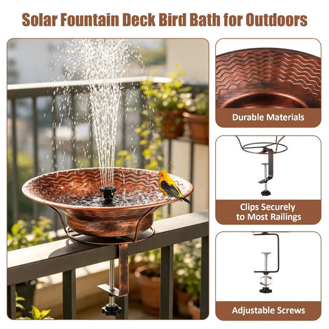 Deck Mount Bird Bath With Railing Clamp Solar Fountain 2 In 1 Feeder Vintage Brown rust-colored outdoor bird bath with solar fountain.